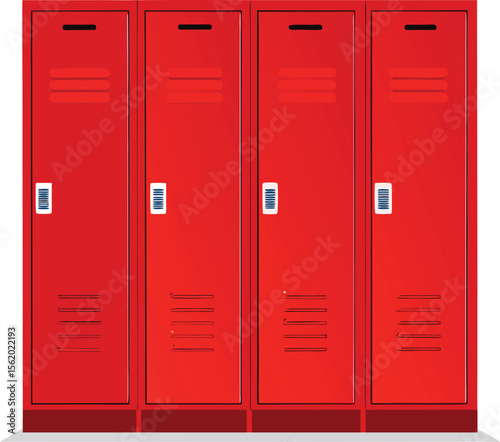 A row of four bright red metal school lockers with vents and handles