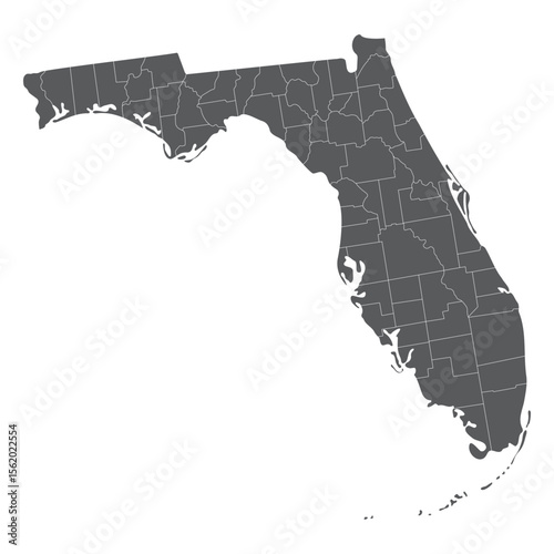 Florida state country map. Map of the U.S. state of Florida with city grey color.