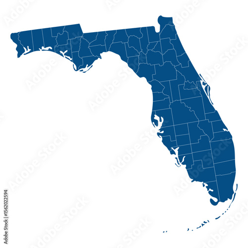 Florida state country map. Map of the U.S. state of Florida with city blue color.