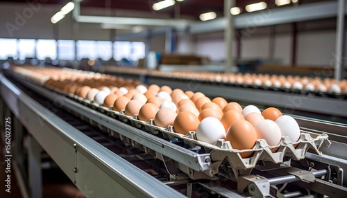 Conveyor belt moves brown and white eggs through a packaging system on a chicken farm. Clean and rustic mix of industry and tradition.