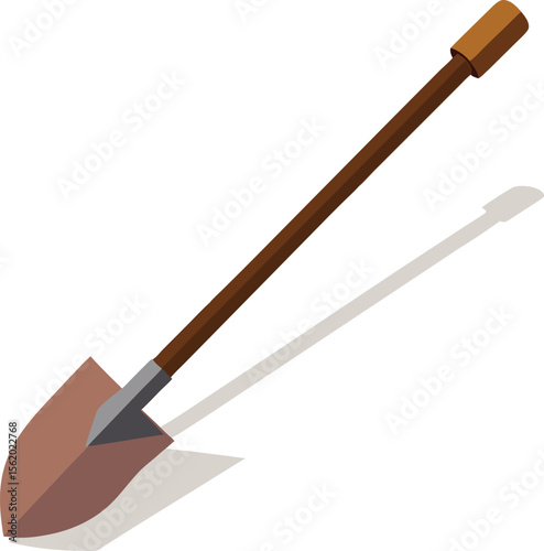 A simple flat design illustration of a garden shovel with a wooden handle and shadow