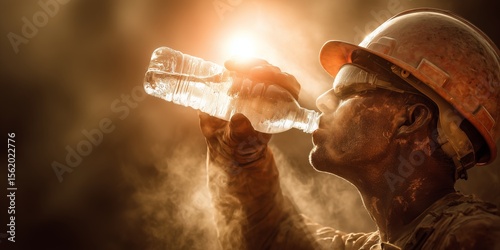 Construction Worker Cooling Off in Extreme Heat with Water Bottle. Labor Day Concept