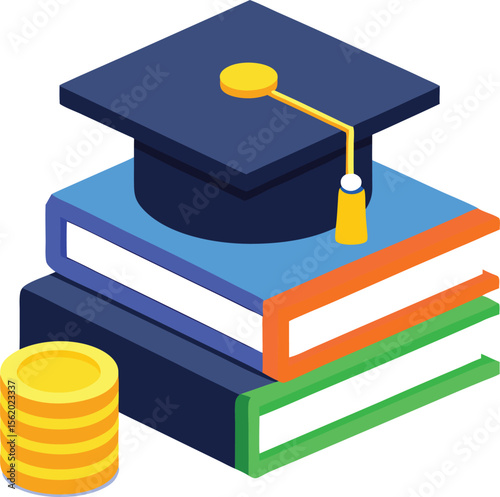 Graduation cap on stacked books with coins illustrating education and financial success