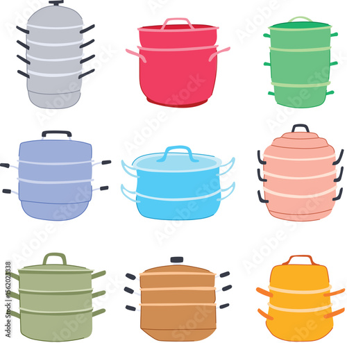 steamer pot set cartoon vector illustration