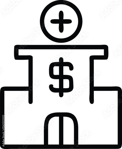 Minimalist financial hospital icon with dollar symbol and plus sign in circle