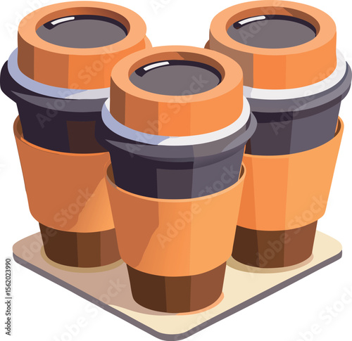 Three isometric coffee cups with orange sleeves on a square coaster