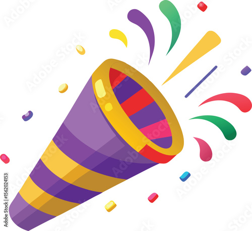 Festive party popper exploding with colorful confetti and streamers