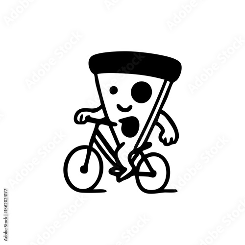 A cartoon pizza slice character rides a bicycle