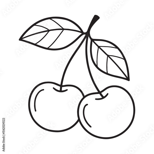 Simple black and white illustration of two cherries with leaves.