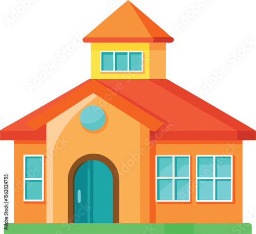 Charming cartoon house with bright orange roof and teal accents
