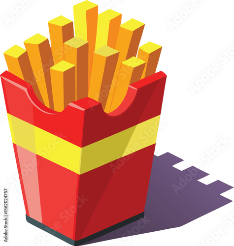 Crispy golden french fries served in a vibrant red and yellow cardboard container
