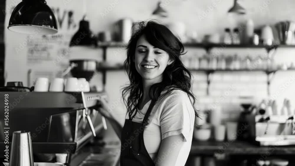 A smiling young woman in a coffee shop or bakery, wearing an apron and likely a barista or staff member, welcoming customers and ready to serve.
