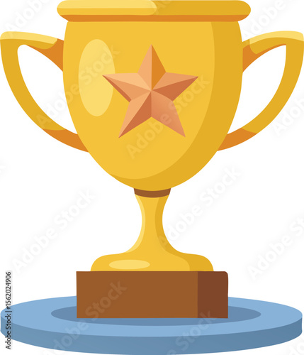 Golden trophy with star award on a blue podium celebrating victory and achievement