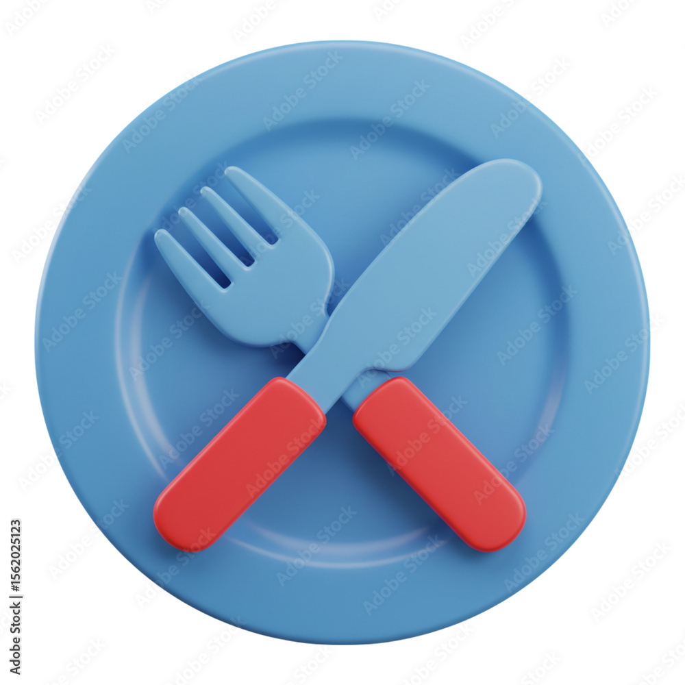 Fototapeta premium Simple 3d rendered blue plate with red handled fork and knife isolated on transparent background