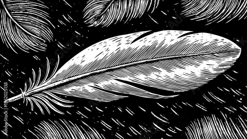 Soft feather gently floating downward with natural curve and fine barbs, ideal for spa logos, mindfulness notebooks, boho tattoos and minimalist posters, a black and white line art
