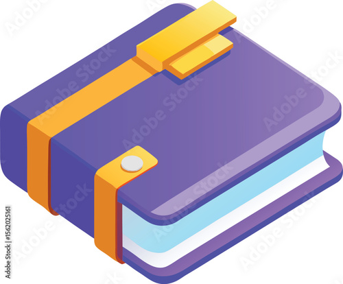 Isometric illustration of a closed purple book with orange binding and clasp