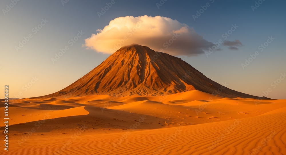 Desert Mountain Landscape with Golden Sands and Majestic Volcano on Horizon Desert Mountain Landscape with Golden Sands and Majestic Volcano on Horizon