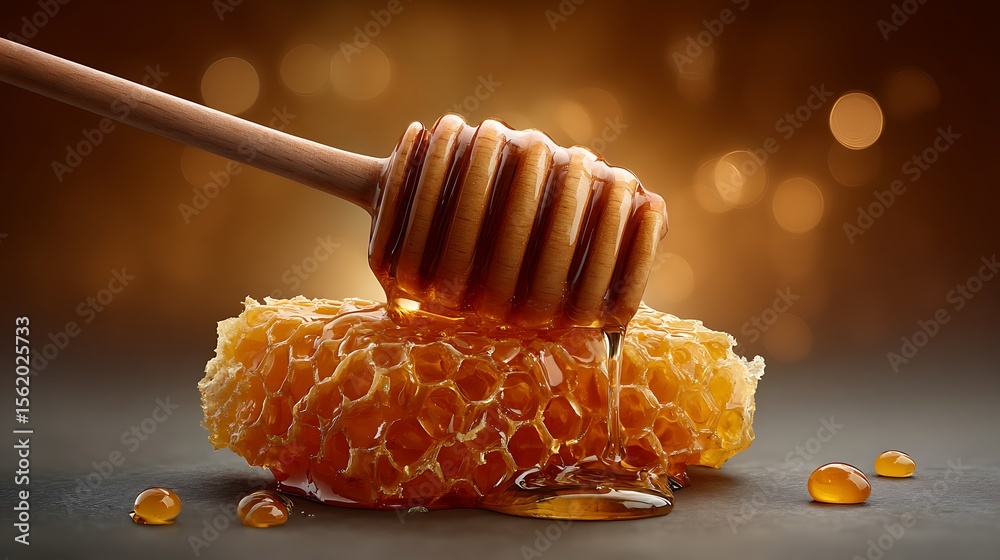 Golden honey dripping from a wooden dipper onto fresh honeycomb with bokeh background Golden honey dripping from a wooden dipper onto fresh honeycomb with bokeh background