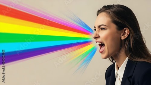 Vibrant Woman Expressing Joy with Rainbow Colors Burst from Mouth