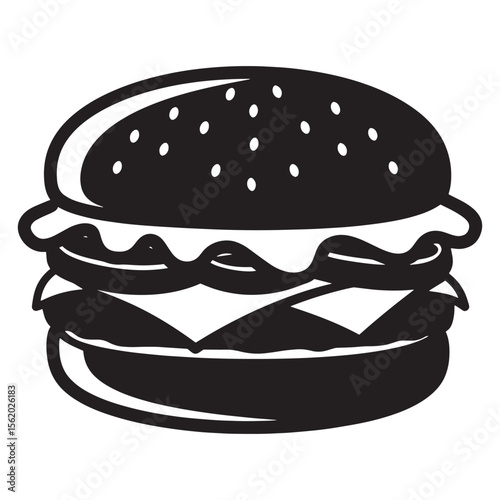 Delicious classic cheeseburger illustration in black and white with cheese and sesame seeds