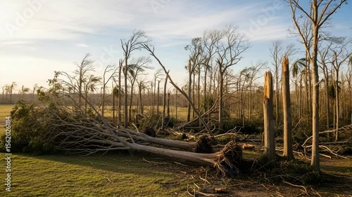 Fallen Trees and Damaged Landscape After Severe Weather Event