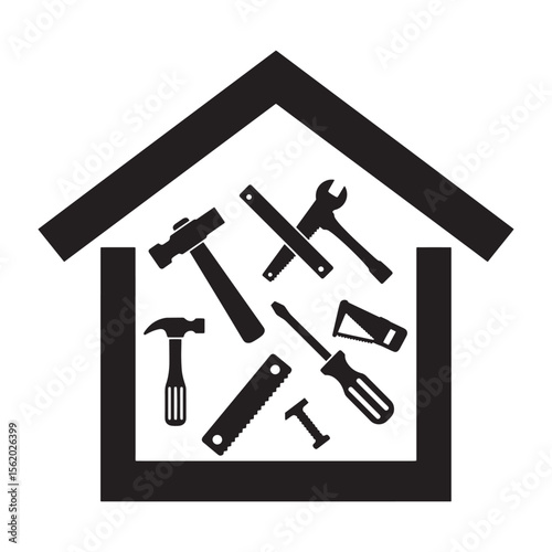 Home improvement concept represented with black silhouettes of tools and house symbol
