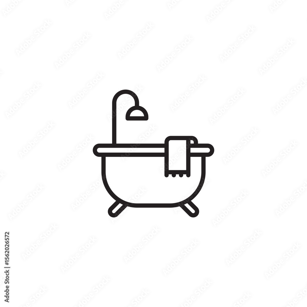 A line art icon shows a clawfoot bathtub with an attached showerhead and a towel draped over the side, representing a bathroom or bathing. A line art icon shows a clawfoot bathtub with an attached showerhead and a towel draped over the side, representing a bathroom or bathing.