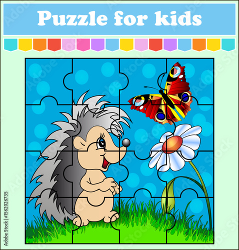 Cartoon hedgehog with butterfly and flower in children's puzzle design  