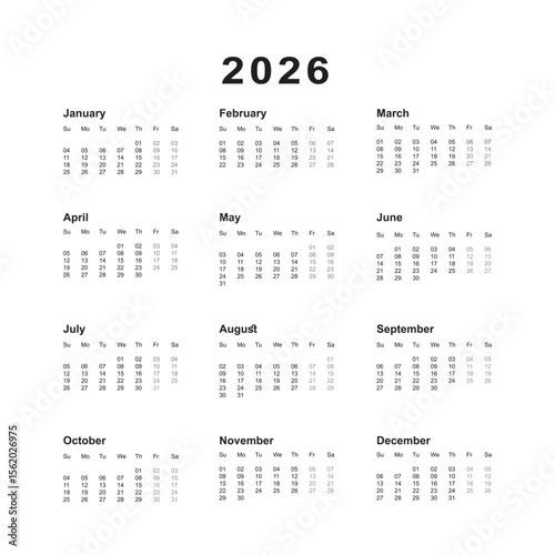 Annual calendar 2026 template. Calendar design in black and white colors