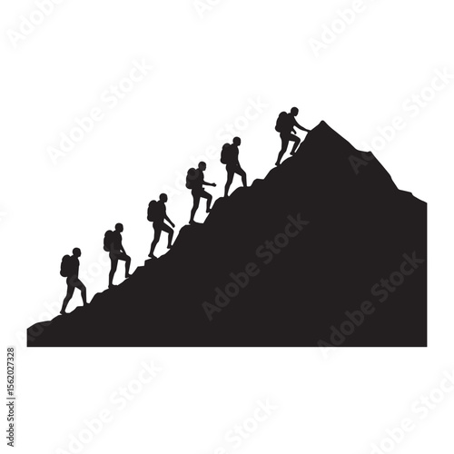 Silhouetted hikers climbing a mountain peak representing adventure success and determination