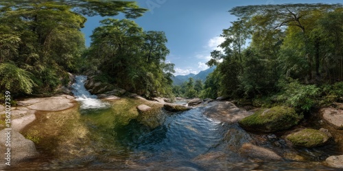 Nature adventure at serene waterfall hdr 360 degrees hdri view