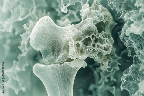 Microscopic view of intricate bone structure, revealing a complex network of trabeculae and pores.