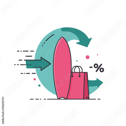 Surfboard with Shopping Bag and Wave Arrows, Summer Motion Promo Icon
