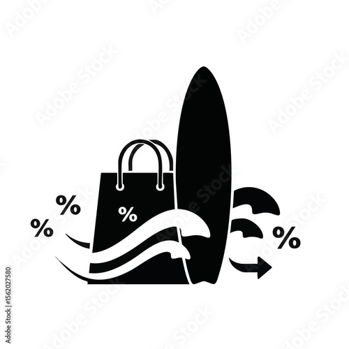 Surfboard with Shopping Bag and Wave Arrows, Summer Motion Promo Icon
