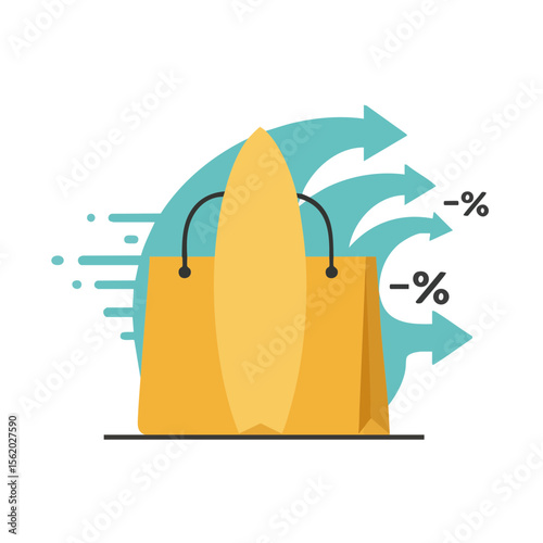 Surfboard with Shopping Bag and Wave Arrows, Summer Motion Promo Icon