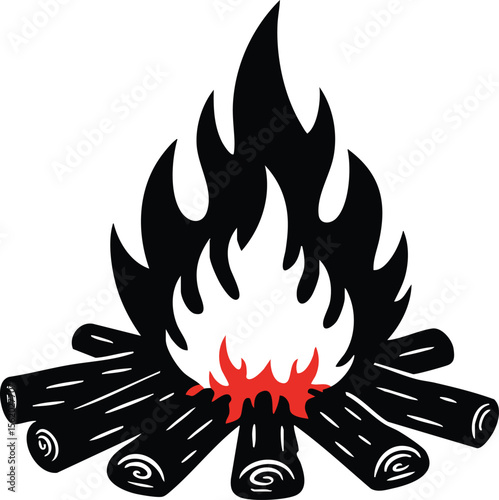 Stylized graphic illustration of a campfire with burning logs and flames