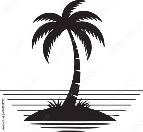 PrintSilhouette of a single palm tree on a small island in the ocean