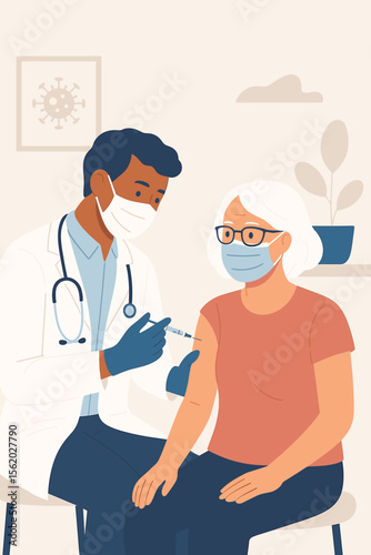 Doctor vaccinates senior woman. Male physician giving vaccine injection to elderly patient. Covid-19 immunization, flu shot concept. Healthcare worker with syringe. Medical care and prevention.