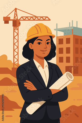 Confident woman architect at construction site. Female engineer in hard hat with blueprints. Building industry professional, supervisor concept. Real estate development, civil engineering.