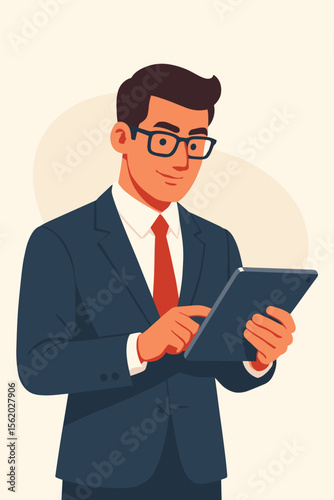 Confident young businessman in a formal suit working on a digital tablet. Professional male character browsing online. Modern flat vector cartoon illustration for business concepts.