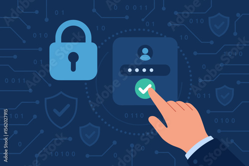 Cybersecurity concept illustration with login verification. Hand confirming user identity with password for network access. Data protection technology with digital padlock and shield.
