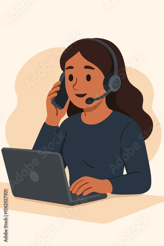 Customer service agent woman with headset working on laptop and phone. Call center operator providing client support. Helpdesk consultant concept. Flat cartoon vector illustration.