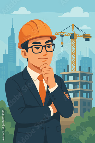 Confident Asian engineer in hard hat planning a project. Male architect or manager at a construction site with crane and city skyline. Business industry vector cartoon concept.