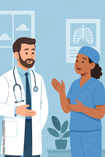 Doctor and nurse in conversation at a hospital clinic. Medical team collaboration, healthcare professionals discussing a patient's diagnosis with an X-ray. Flat cartoon vector illustration.