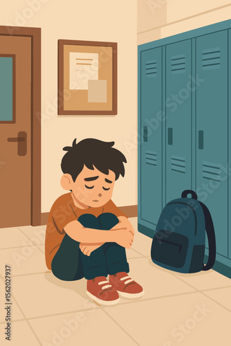 Lonely depressed boy sitting on the floor in a school hallway. Bullying victim concept. Childhood mental health problem, stress, and anxiety. Sad student flat cartoon vector.