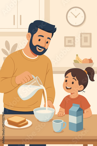Father and daughter having breakfast. Loving dad pouring milk into cereal for his child. Happy family morning routine, healthy eating lifestyle concept. Flat cartoon vector illustration.