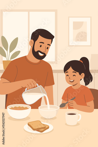 Caring father and daughter having breakfast together. Dad pouring milk into cereal bowl for happy girl. Family lifestyle, morning food, and parenthood concept vector illustration.