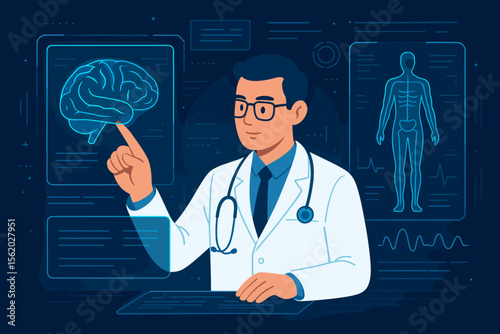 Doctor or neurologist analyzing brain scan on a futuristic holographic interface. Male surgeon examining human anatomy and patient test results on a virtual screen. Medical diagnosis.