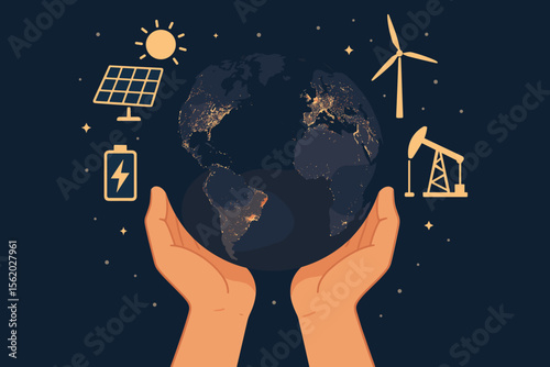 Human hands holding planet Earth at night with energy resource icons. Renewable vs fossil fuels concept. Solar panel, wind turbine, oil pump vector illustration for sustainability.