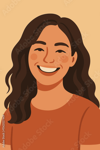Portrait of a beautiful smiling woman with long dark hair. Happy positive female character. Modern flat cartoon vector illustration. Concept of joy, beauty, diversity, self-love.